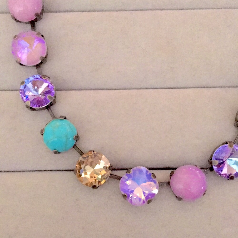 Turquoise, Lilac Purple Opal AB + Champagne Topaz Antique Brass Crystal Necklace - Picture 6 of 14
